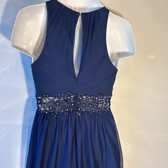 David's Bridal SZ 4 Matine Navy Gown Grecian Style Open Lace Formal Bridesmaid - Picture 6 of 11